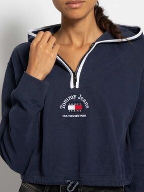 Tommy Hilfiger Navy Half-Zip Cropped Hoodie with Contrasting Trim